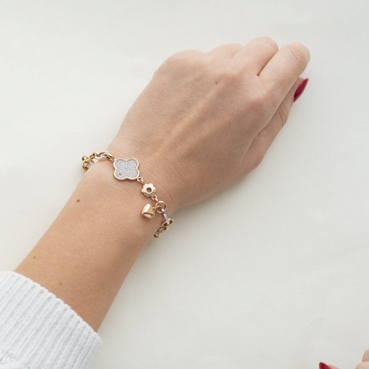 Золотой браслет "Клевер" с фианитами б02419 от ювелирного магазина Оникс - 5