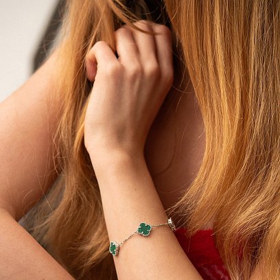 Браслет "Клевера" с малахитом (белое золото) б05437 №2