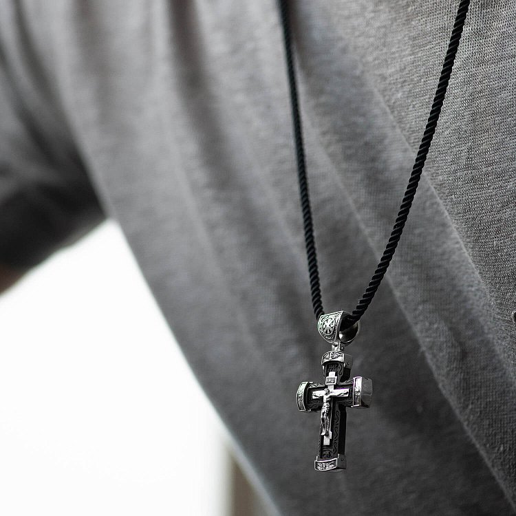 Срібний хрест "Розп'яття. Спаси і Збережи" з ебеновим деревом mini 1075 від ювелірного магазину Онікс - 4