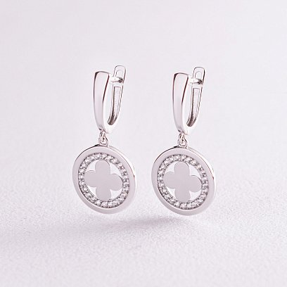 Серьги "Клевер" в белом золоте (белые фианиты) с07688