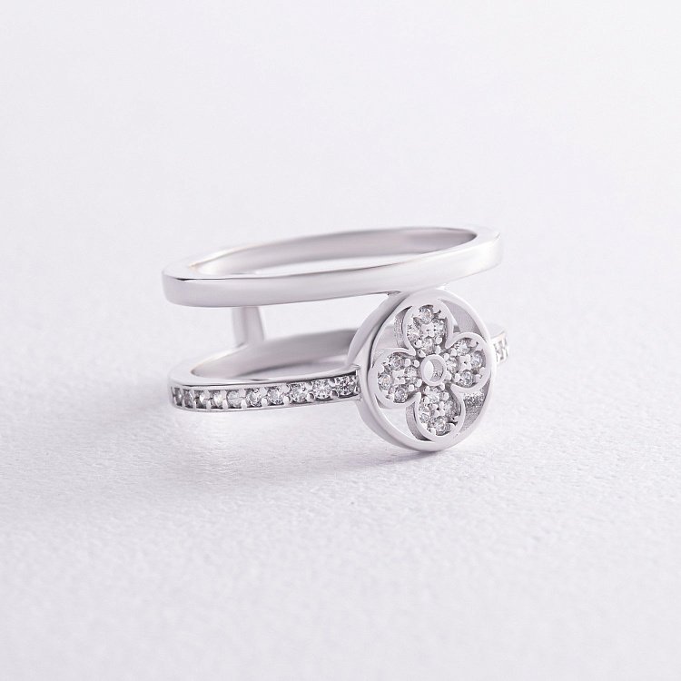 Каблучка "Конюшина" в білому золоті (фіаніти) к07442 від ювелірного магазину Онікс - 2