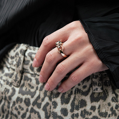 Золотое кольцо "Пантера" (фианиты, эмаль) к08396 №4