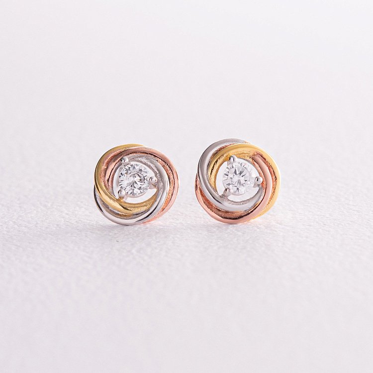 Серебряные серьги - пусеты с разноцветной позолотой (фианиты) 123264 от ювелирного магазина Оникс