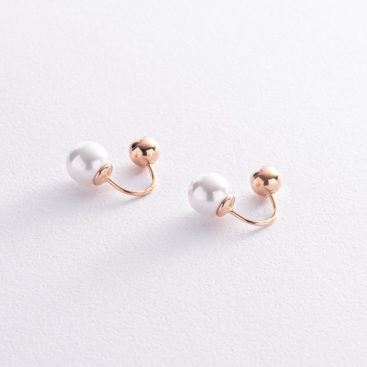 Золотые серьги "Шарики" (искусственный жемчуг) с08349 от ювелирного магазина Оникс - 2