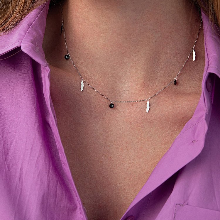 Кольє "Пір'ячка" в білому золоті (фіаніти) кол02027 від ювелірного магазину Онікс - 1