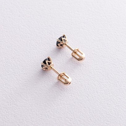 Серьги - пусеты с черными фианитами (желтое золото) с08299 №4