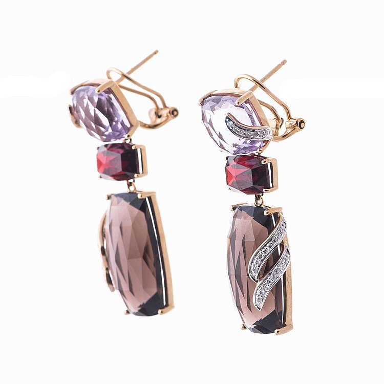Золотые серьги с камнями (бриллиант, пироп, дымчатый кварц) e23896c от ювелирного магазина Оникс - 1