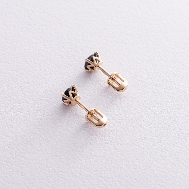 Серьги - пусеты с черными фианитами (желтое золото) с08299 от ювелирного магазина Оникс - 3