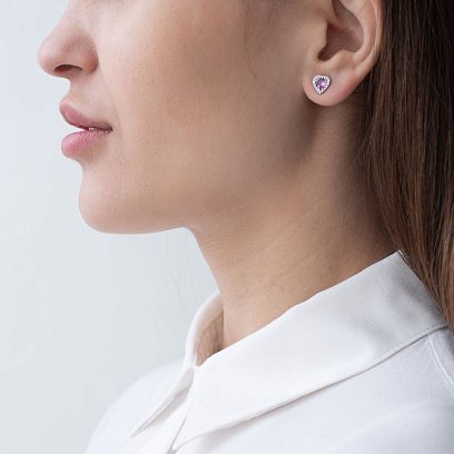 Золотые серьги-пусеты "Сердечки" (аметист, бриллиант) сб0320lg №2