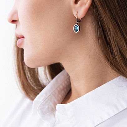 Золотые серьги с голубыми и белыми фианитами с07407 №3