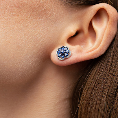 Серьги - пусеты "Клевер" в белом золоте (бриллианты, сапфиры) сб0718mi №6