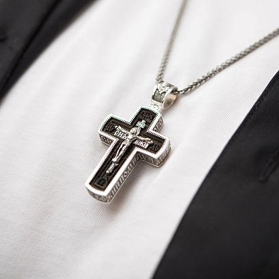 Срібний хрест "Розп'яття. Спаси та Збережи" з ебеновим деревом 1045 №4