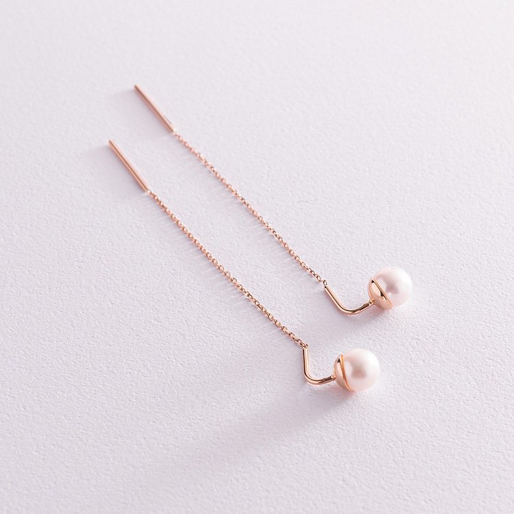 Золотые серьги - протяжки с жемчугом с07595 от ювелирного магазина Оникс - 2