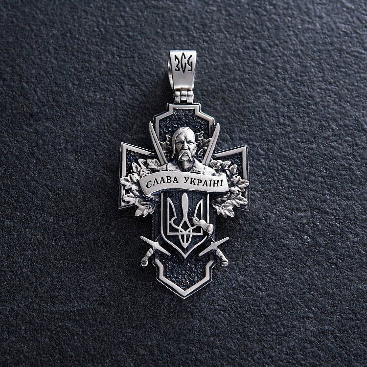 Срібний хрест "Український козак. Слава Україні. На звороті - Спаси і Збережи" 133231 від ювелірного магазину Онікс