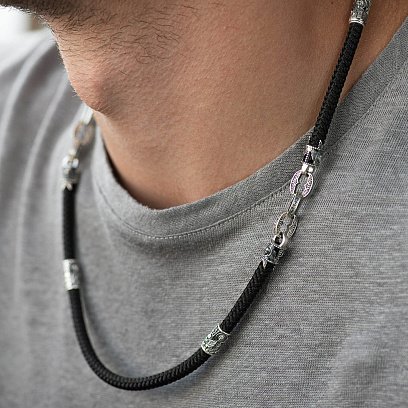 Шелковый шнурок "Спаси и Сохрани. С ликами святых" с серебряными вставками 1093шн №9