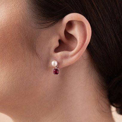 Золотые серьги - пусеты "Альма" (розовые фианиты, жемчуг) с08247 №2