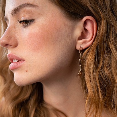 Золотые серьги - пусеты "Сердечки на цепочке" с07905 №4