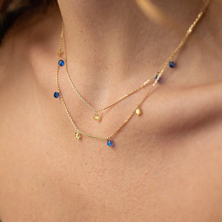 Подвійне золоте кольє "Українка" (сині та жовті фіаніти) кол02324 від ювелірного магазину Онікс - 5