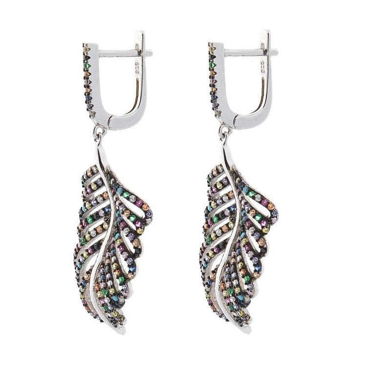 Серебряные серьги "Листочек" (разноцветные фианиты) 122191 от ювелирного магазина Оникс - 1