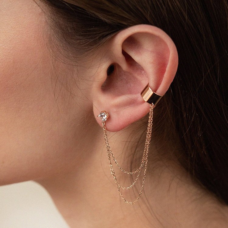 Сережка - каффа "Трініті" в червоному золоті з ланцюжками (фіаніт) с08019 від ювелірного магазину Онікс - 5