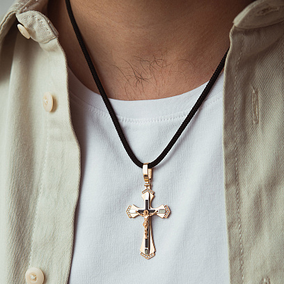 Православний золотий хрест "Розп'яття. Спаси і Збережи" (емаль, фіаніти) 270124Е №2