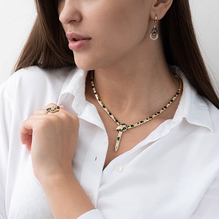 Золотое колье "Змея" (эмаль, фианит) кол01706 от ювелирного магазина Оникс - 5