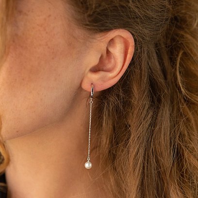 Сережки - кільця "Перлина на ланцюжку" у білому золоті с08357 №6