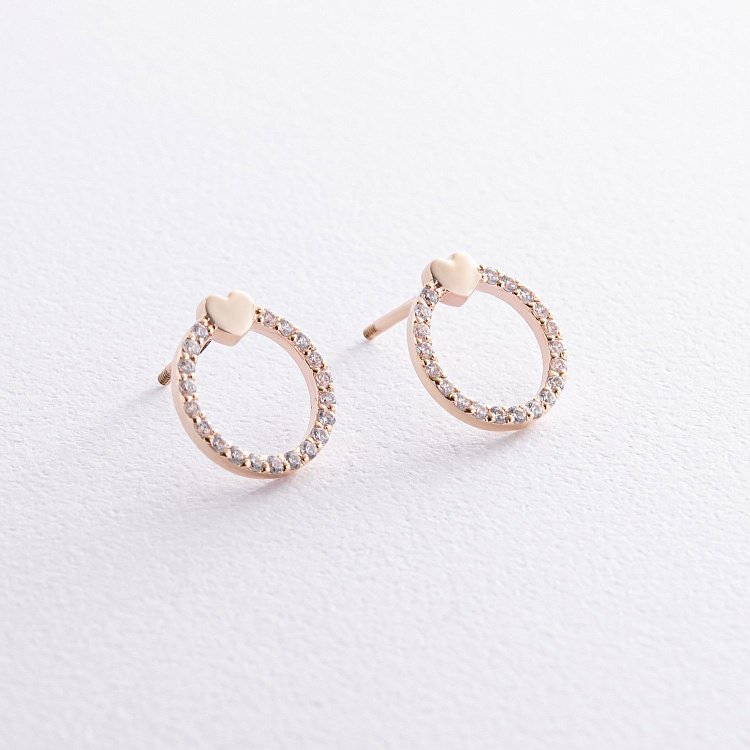 Серьги - пусеты "Сердечки" с фианитами (желтое золото) с08466 от ювелирного магазина Оникс - 3