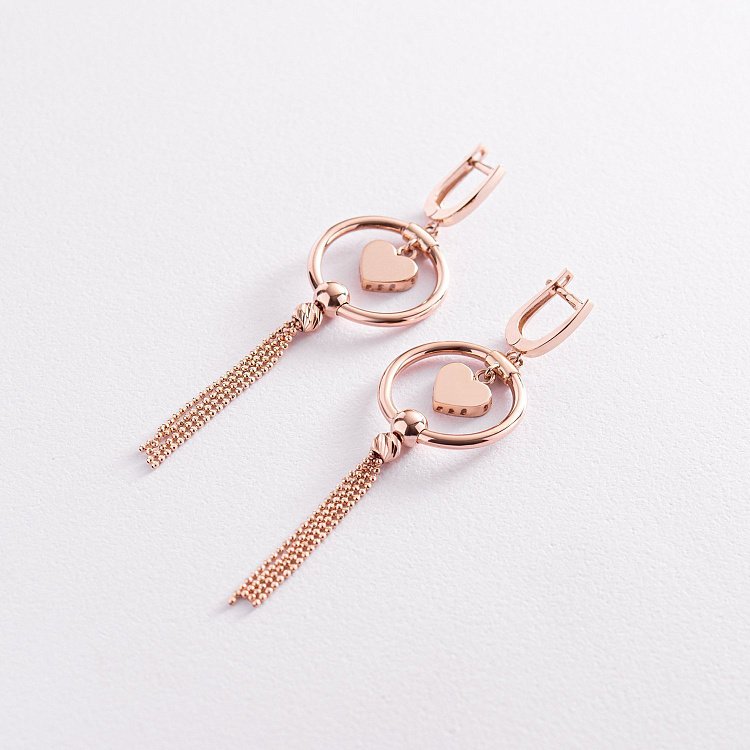 Золотые серьги "Сердечки" с цепочками с07839 от ювелирного магазина Оникс - 1