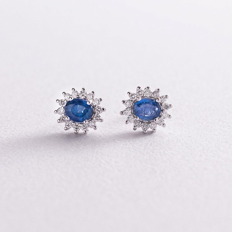 Золотые серьги - пусеты с сапфирами и бриллиантами сб0365 от ювелирного магазина Оникс