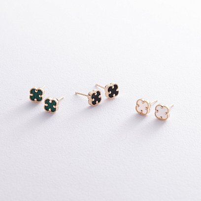 Cерьги - пусеты "Клевер" с перламутром mini (желтое золото) с08406 №3