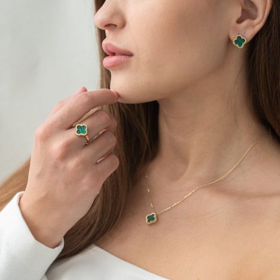 Сережки "Конюшина" в жовтому золоті (малахіт) с06901 №2
