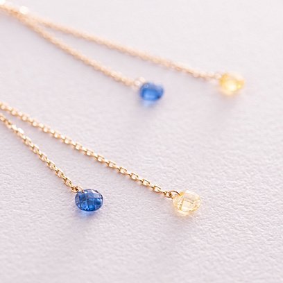 Висячие золотые серьги "Украинка" (голубые и желтые фианиты) с08106 №3