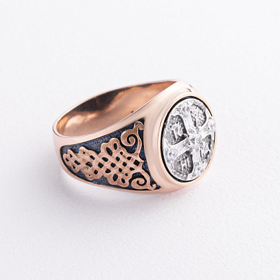 Золотое мужское кольцо-печатка (чернение) к08443 №2