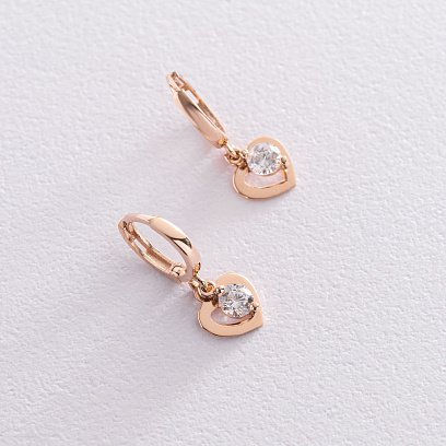 Золотые серьги "Сердечки" с фианитами с07346