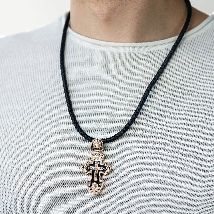 Чоловічий православний хрест "Розп'яття. Врятуй та Збережи" з ебенового дерева та золота 1003 від ювелірного магазину Онікс - 4