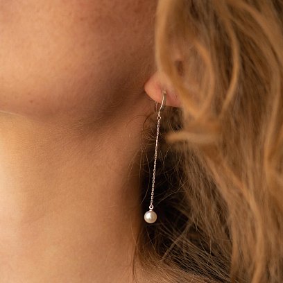 Сережки - кільця "Перлина на ланцюжку" у білому золоті с08357 №9