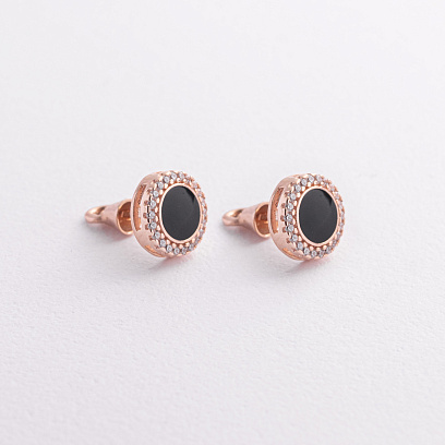 Серьги - пусеты в красном золоте (эмаль, фианит) 520303Е