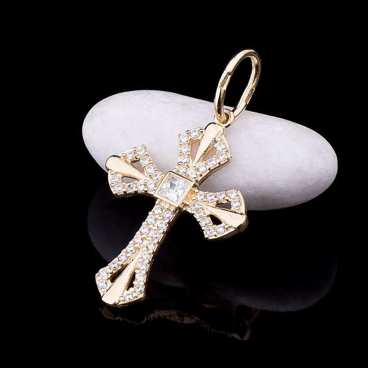 Золотий хрест з фіанітами п02109 від ювелірного магазину Онікс