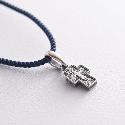 Шелковый синий шнурок с гладкой серебряной застежкой (2мм) 18496 №3