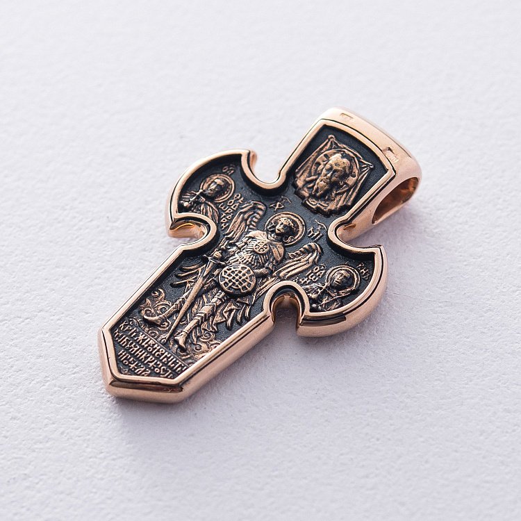 Золотой православный крест "Распятие. Архангел Михаил" п02640 от ювелирного магазина Оникс - 1