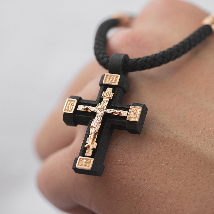 Чоловічий православний хрест "Розп'яття. Спаси та Збережи" на шнурі з ебенового дерева та золота кол02245 від ювелірного магазину Онікс - 8
