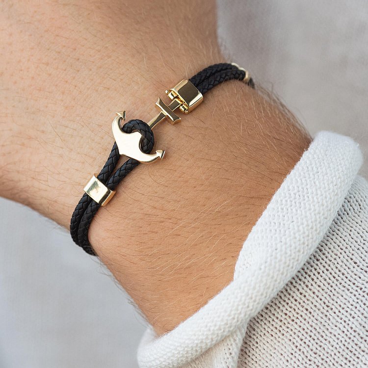 Кожаный браслет "Якорь" с золотой вставкой б02749 от ювелирного магазина Оникс - 1