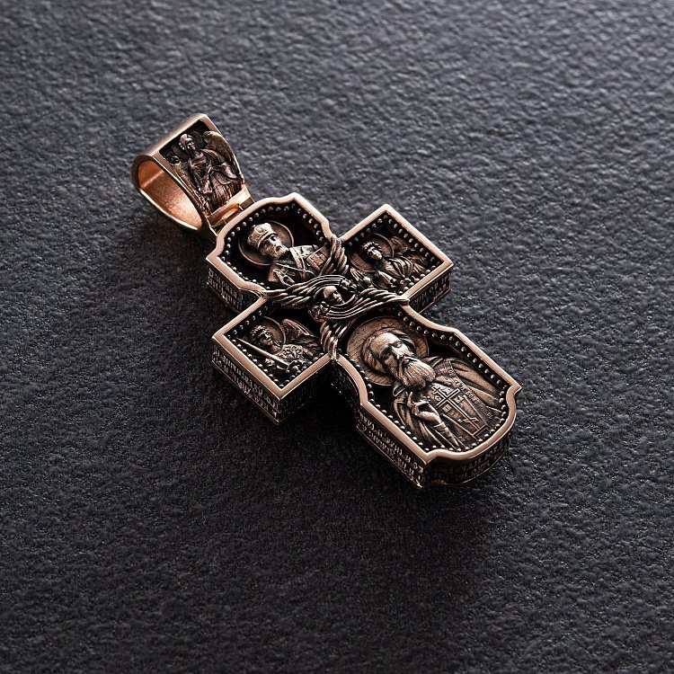 Золотой крест "Господь. Архангелы Михаил и Гавриил. Ангел Хранитель. Святитель Николай. Сергий Радонежский" с эбеновым деревом 980з - 4 Золотой крест "Господь. Архангелы Михаил и Гавриил. Ангел Хранитель. Святитель Николай. Сергий Радонежский" с эбеновым деревом 980з от ювелирного магазина Оникс - 4