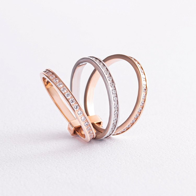 Золота потрійна каблучка з фіанітами к02643 від ювелірного магазину Онікс