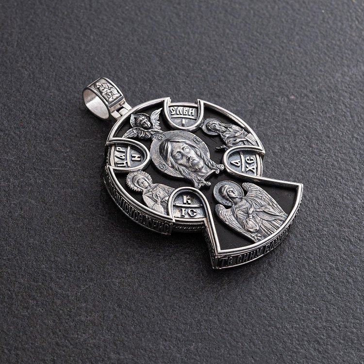 Мужской православный крест "Спас Нерукотворный. Спаси и Сохрани" (на укр. языке) из эбенового дерева и серебра 1272 от ювелирного магазина Оникс