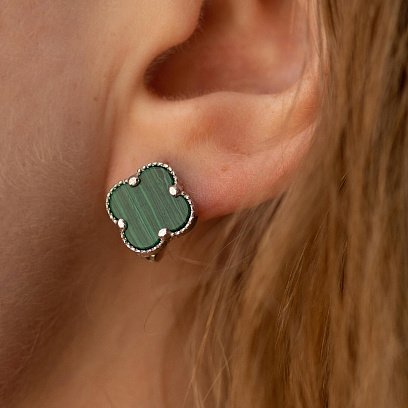 Серебряные серьги "Клевер" (малахит) 122841 №2