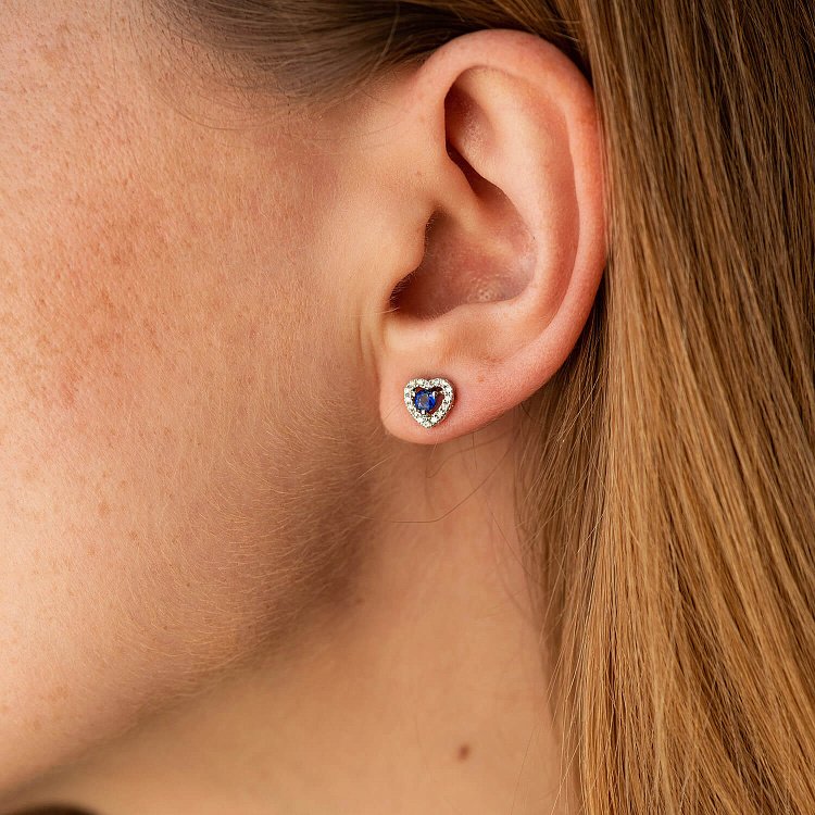 Золоті сережки - пусети "Сердечки" (сапфіри, діаманти) сб0508ca від ювелірного магазину Онікс - 1