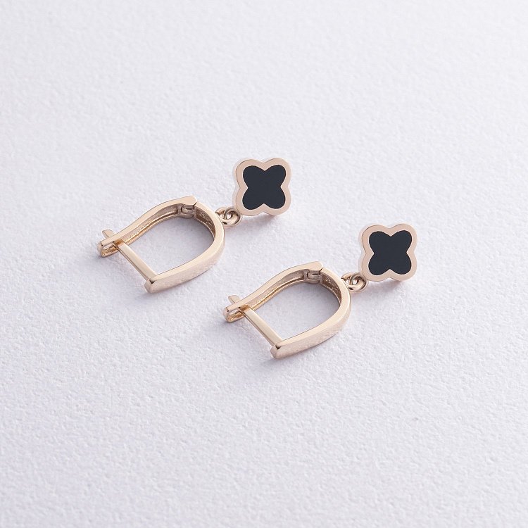 Сережки "Конюшина" в жовтому золоті (емаль) с07534 від ювелірного магазину Онікс - 5