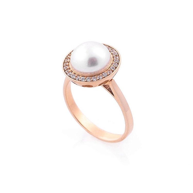 Золотое кольцо (культ. пресн. жемчуг, фианиты) к02888 от ювелирного магазина Оникс